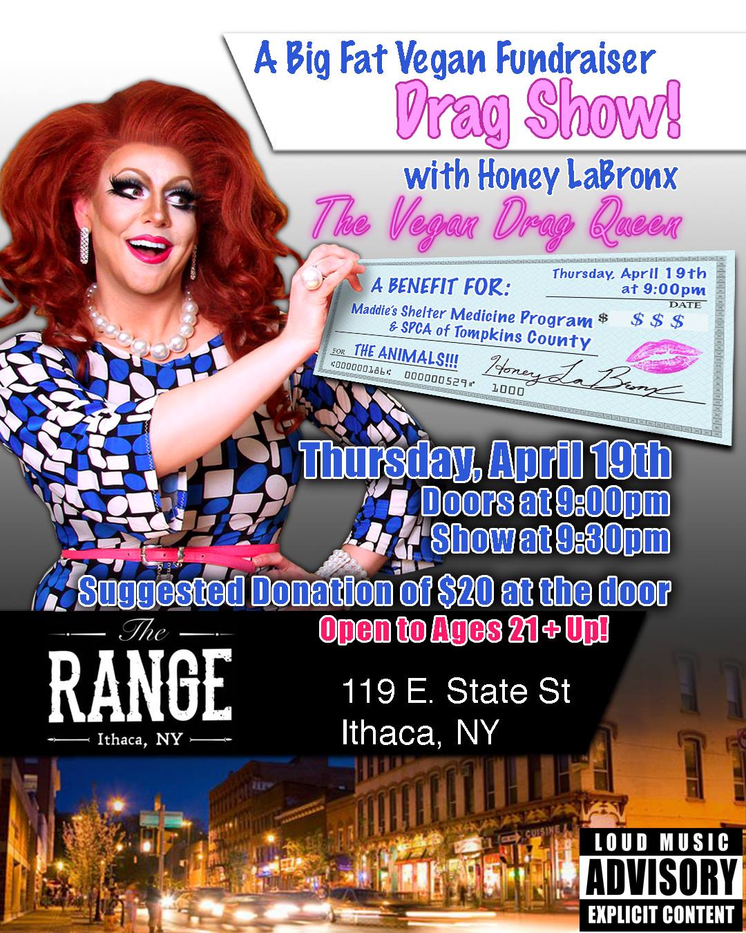 vegan drag show honey labronx ithaca spca animals save the maddie maddie's shelter medicine program range downtown pets benefit ithaca commons